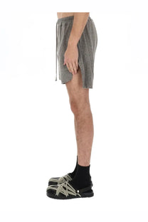 Rick Owens men’s dbl boxers shorts grey with gray textured fabric and a drawstring waistband