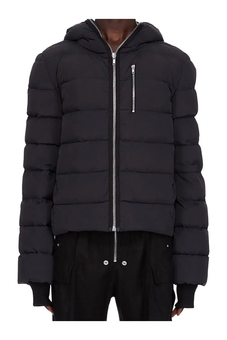 Rick Owens men’s black quilted down jacket with hood and silver zippers for cold weather protection