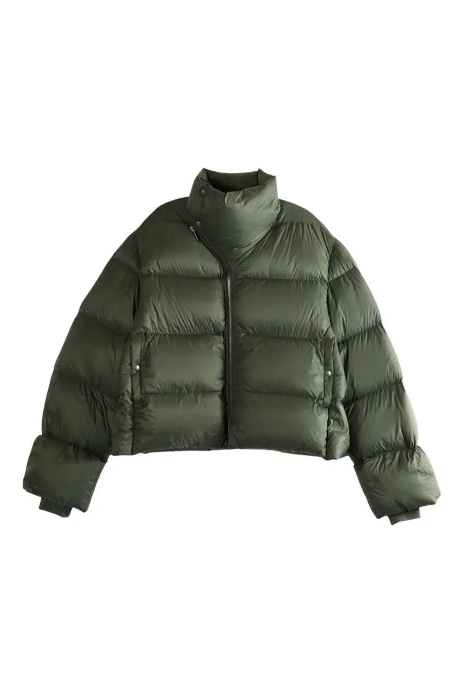 Rick Owens mens down jacket turtle green puffer with high collar
