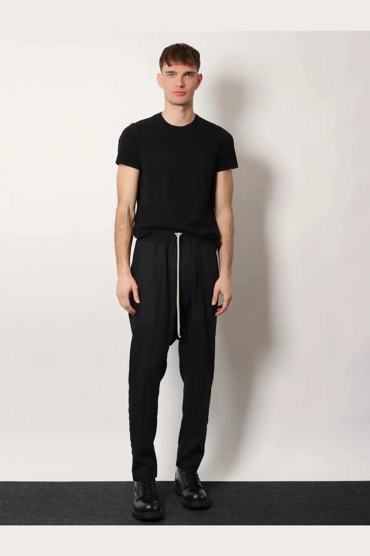 Rick Owens Men's Drawstring Long Certified Virgin Wool Trousers Black, view 2