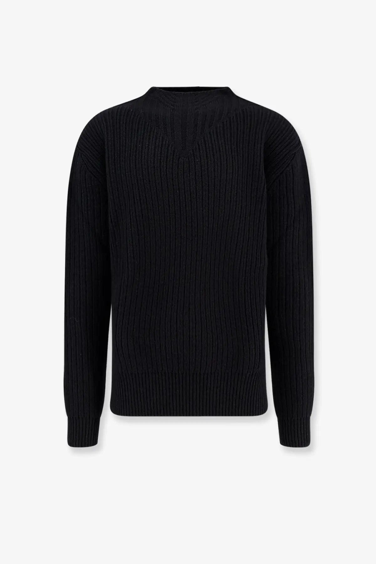 Rick Owens men’s black ribbed knit virgin wool sweater with crew neckline and long sleeves