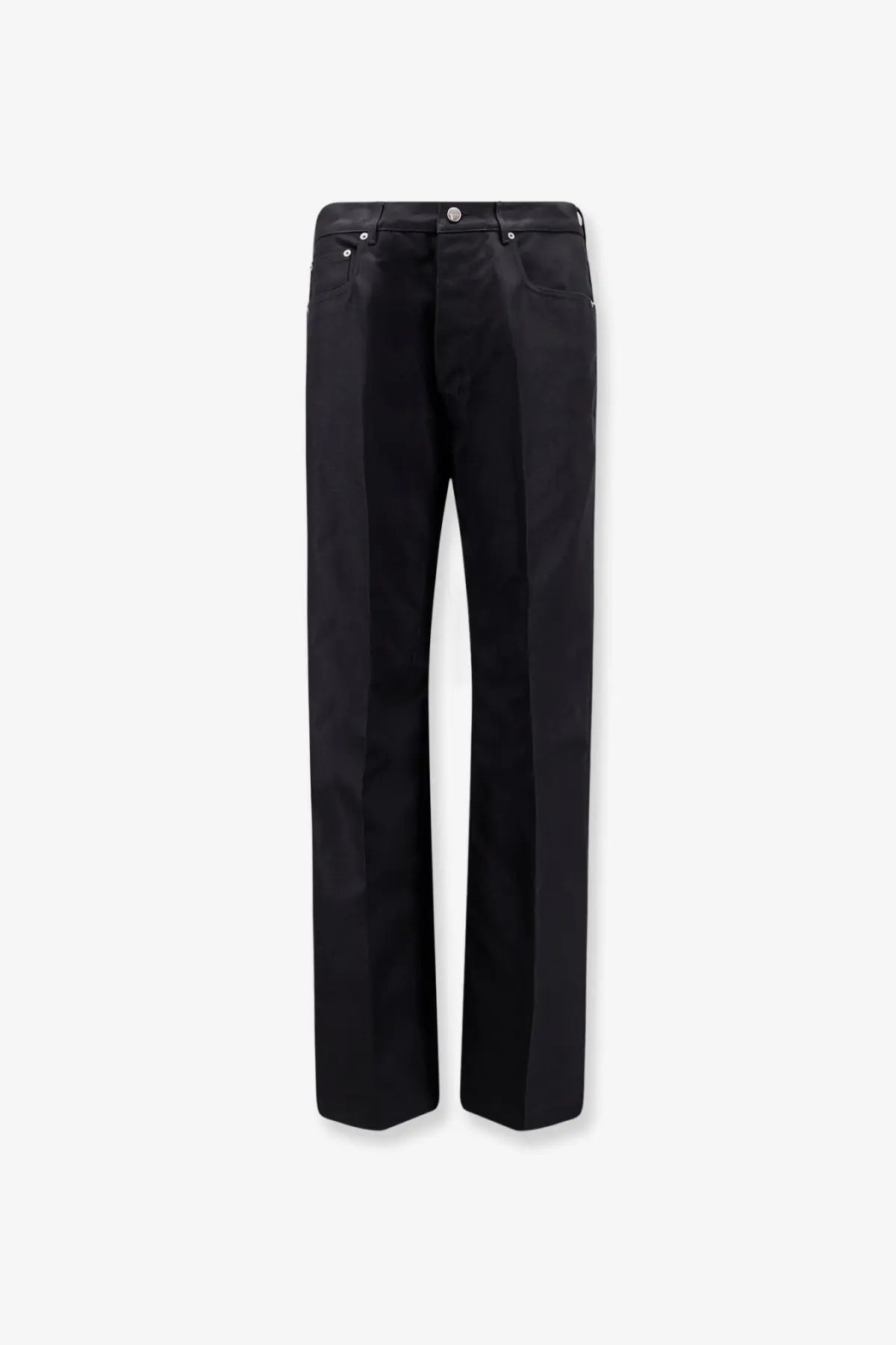 Rick Owens men’s Geth black straight-leg trousers with sleek modern cut and subtle stitching in cotton blend fabric