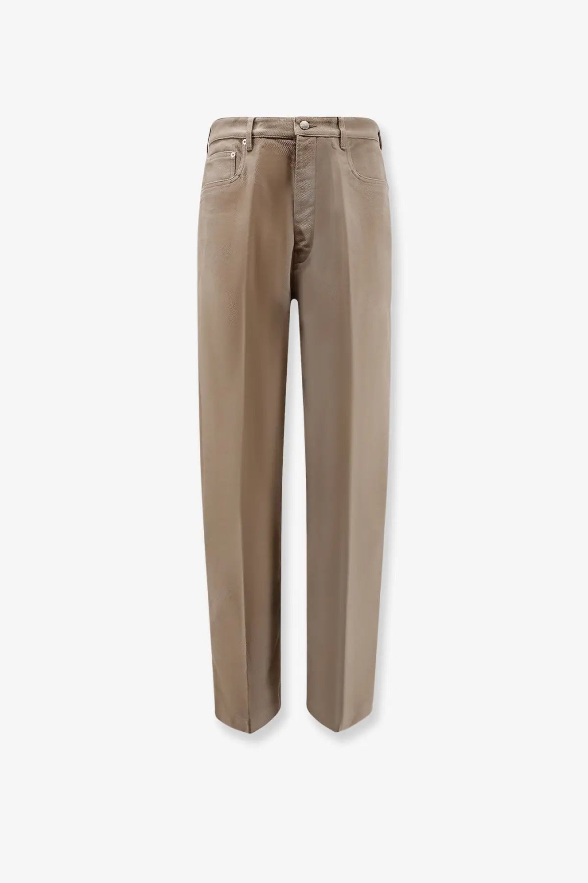 Beige straight-leg cotton trousers with clean minimalist design and subtle stitching details by rick owens