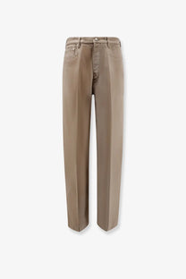 Beige straight-leg cotton trousers with clean minimalist design and subtle stitching details by rick owens
