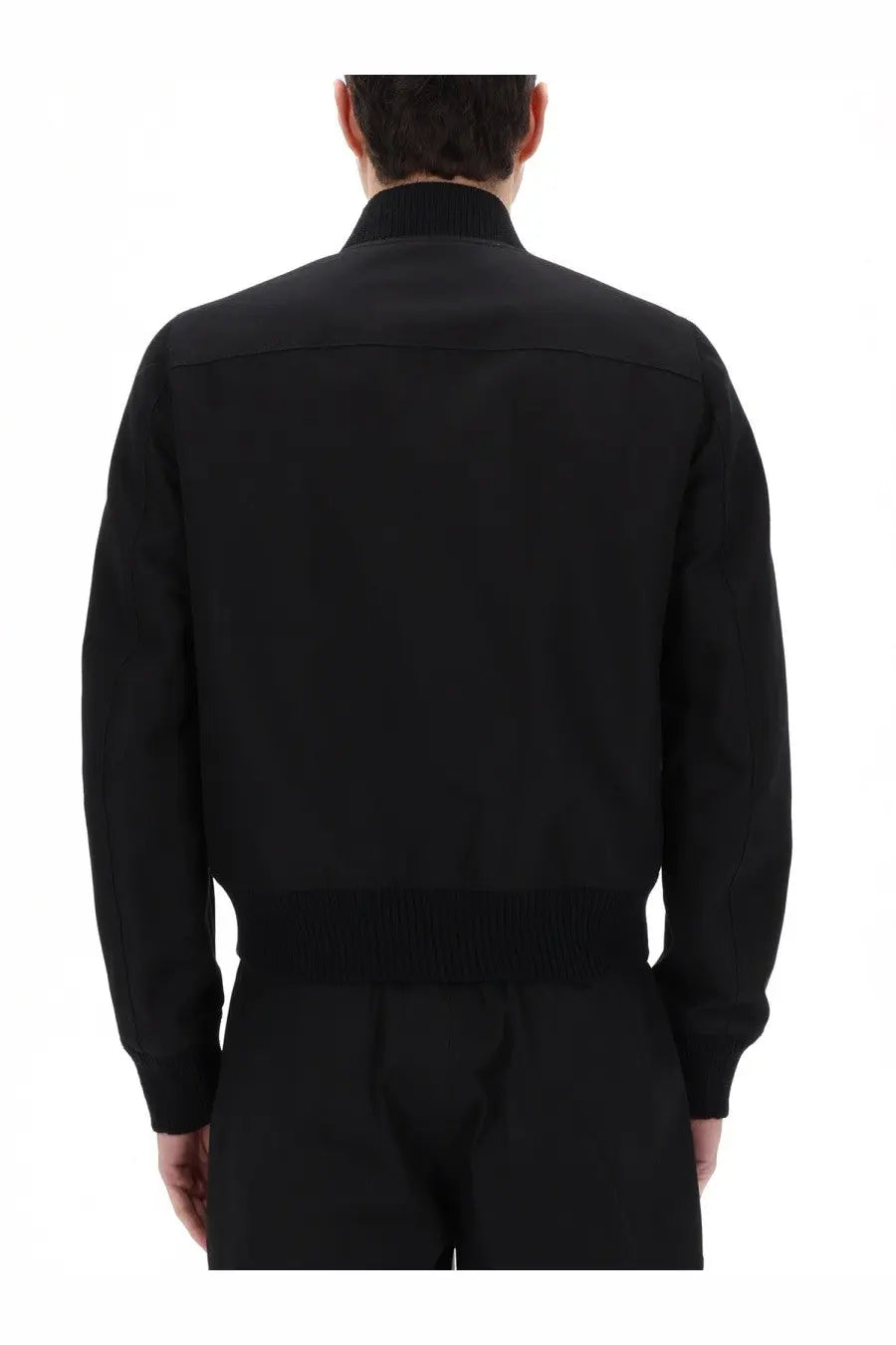Rick Owens men’s Heizer flight jacket black bomber style with ribbed cuffs and waistband brown leather material front view
