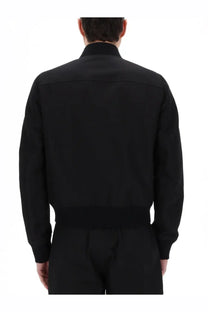 Rick Owens men’s Heizer flight jacket black bomber style with ribbed cuffs and waistband brown leather material front view