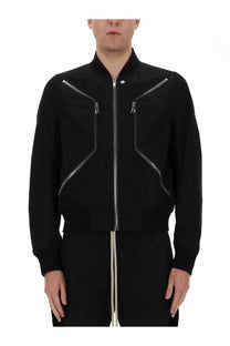 Rick Owens men’s Heizer flight jacket black bomber style with silver zippers and a high collar in leather material
