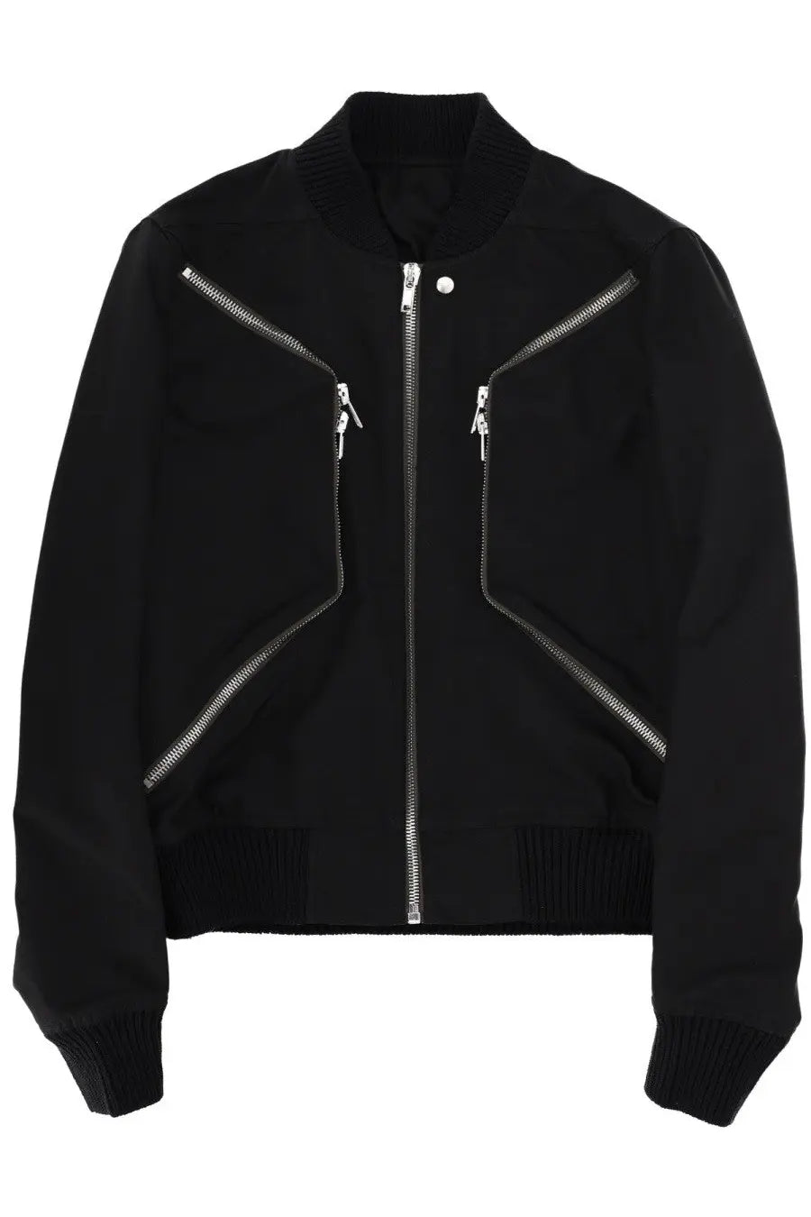Rick Owens men’s Heizer flight jacket black bomber style with silver zippers and ribbed cuffs