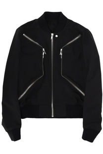 Rick Owens men’s Heizer flight jacket black bomber style with silver zippers and ribbed cuffs