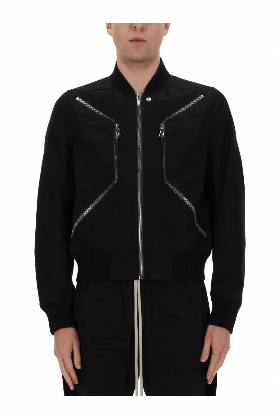 Rick Owens men’s Heizer flight jacket in black leather with silver zippers and a high collar shown from the back side