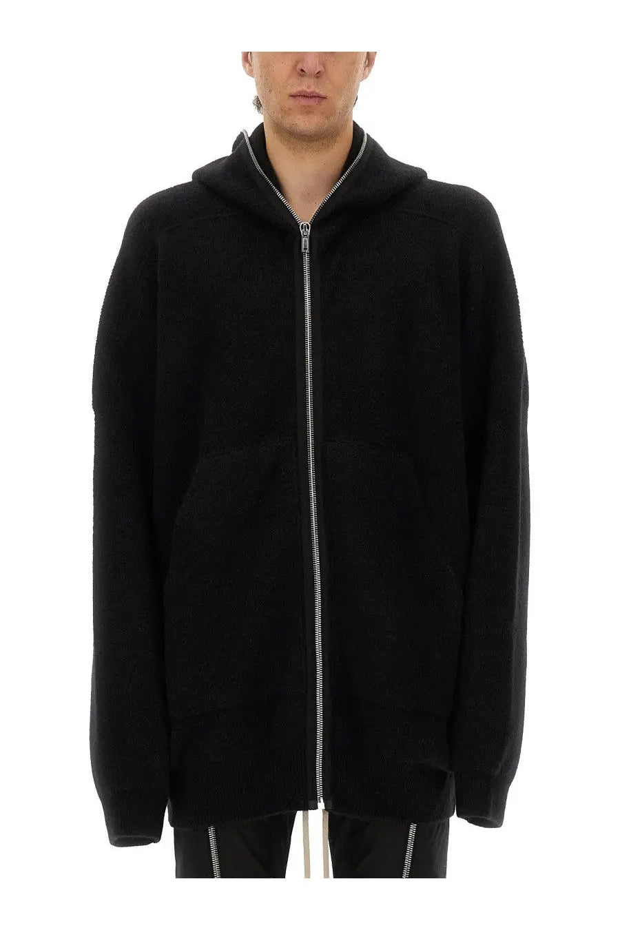 Rick Owens men’s knit sweatshirt black zip-up hoodie with silver zipper and matching drawstrings front view