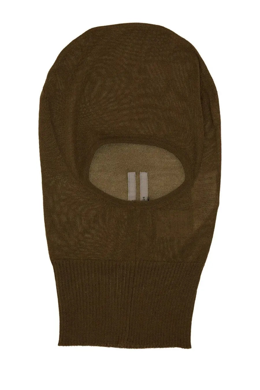 Rick owens men’s olive green knitted balaclava with ribbed hem and eye cutout in soft material
