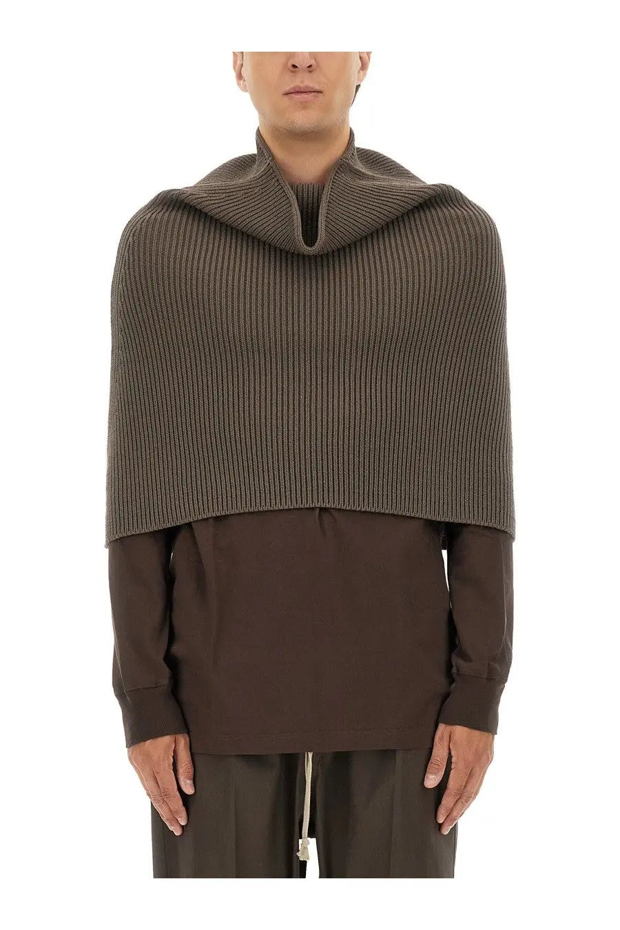 Rick owens men’s knitted cape grey ribbed olive green knit with high collar worn over matching long sleeved top