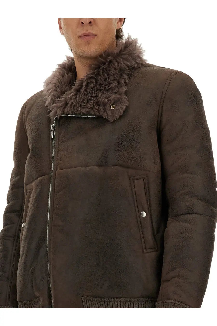 Rick Owens Men's Leather Bomber Jacket Grey, view 4