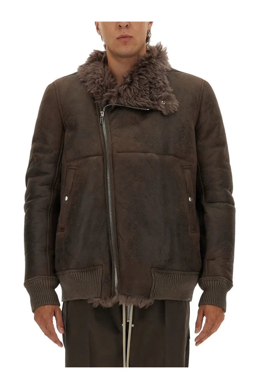 Rick Owens men’s leather bomber jacket grey with brown suede and plush matching fur-lined collar and ribbed cuffs