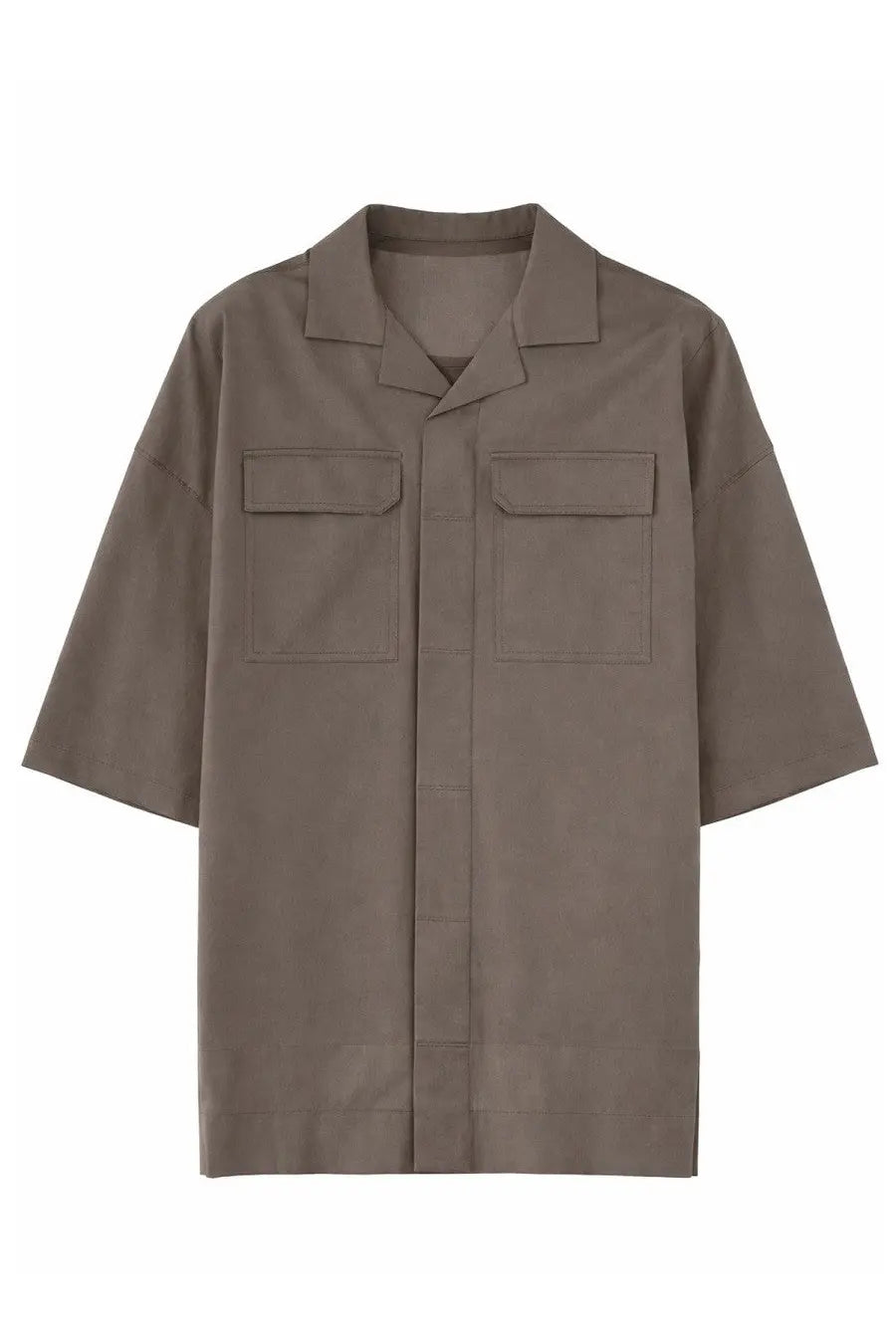 Rick Owens men’s magnum tommy shirt grey minimalist taupe short-sleeved collar shirt with two front patch pockets