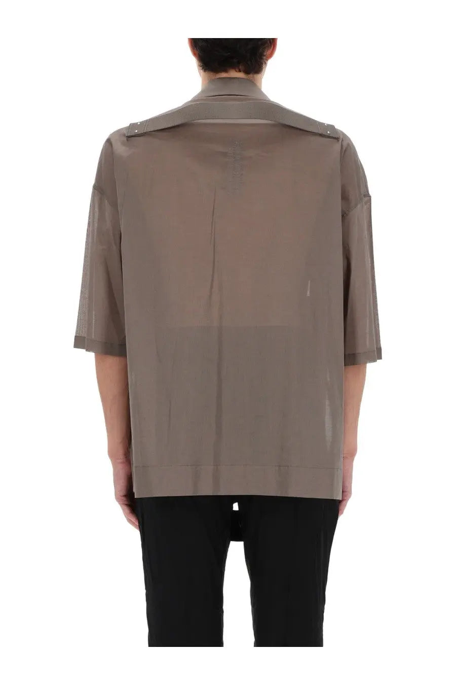 Rick Owens men’s magnum tommy shirt grey is a translucent taupe short sleeve shirt with structured collar and vertical seams