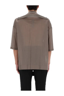 Rick Owens men’s magnum tommy shirt grey is a translucent taupe short sleeve shirt with structured collar and vertical seams