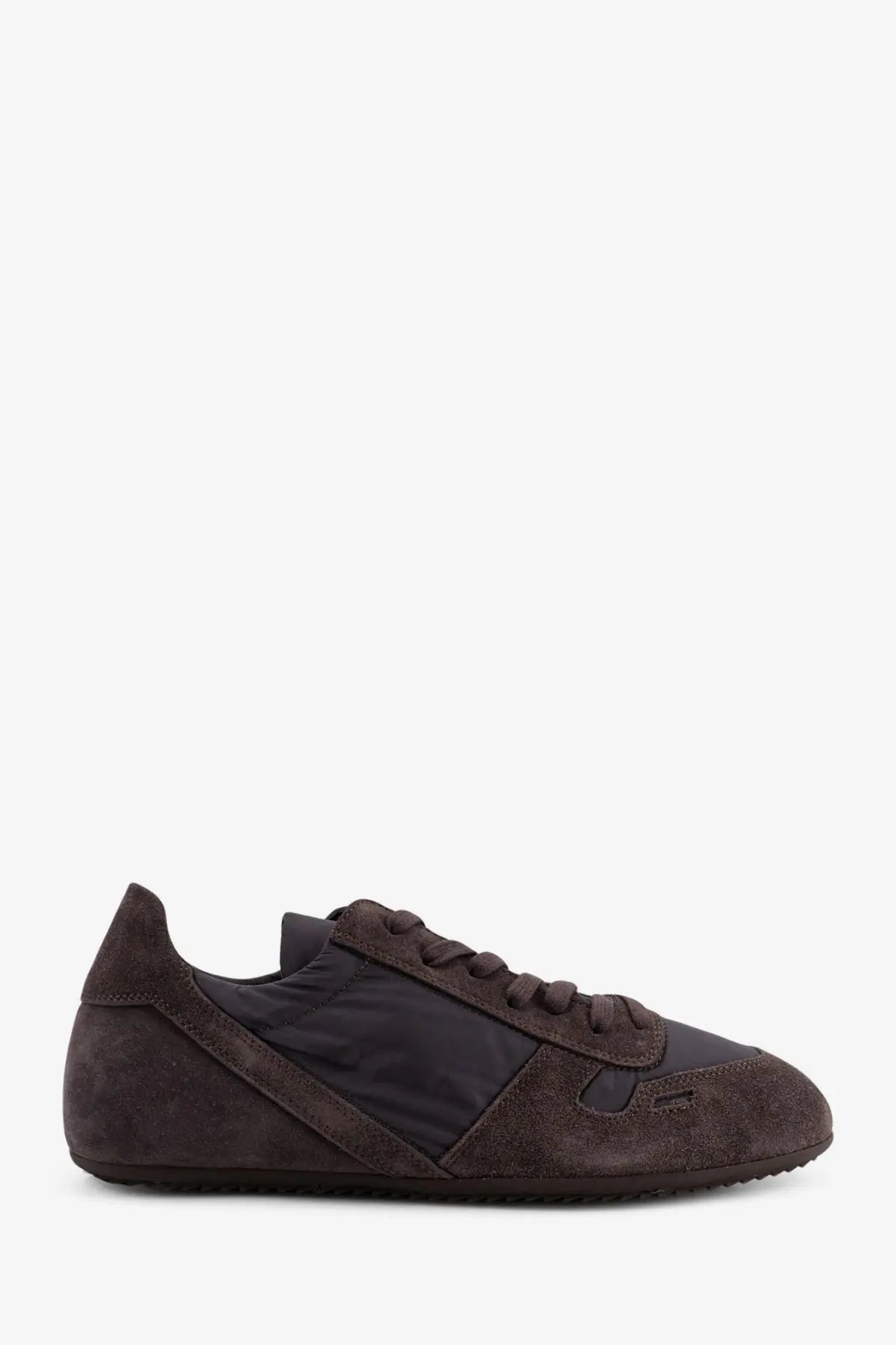 Rick Owens men’s dark brown suede and nylon classic low-top sneakers in multicolor design