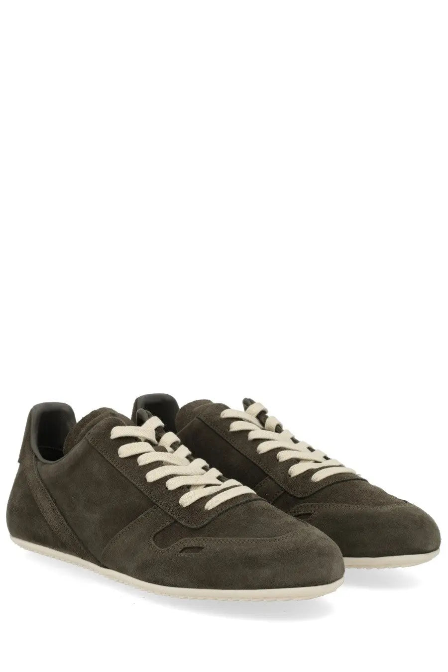Rick Owens men’s minimal sneaks sneaker grey with dark olive suede, cream laces, and white rubber sole