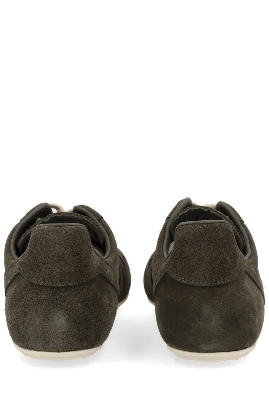 Rick Owens men’s minimal sneaks sneaker grey in dark olive suede with white rubber soles and a clean minimalist design