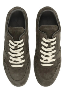 Rick Owens men’s minimal sneaks sneaker in grey dark olive suede with contrasting white laces front view