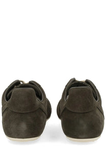 Rick Owens men’s minimal sneaks sneaker in dark olive suede with white rubber soles and a clean minimalist design