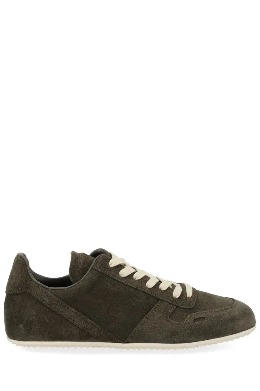 Dark olive suede rick owens men’s minimal sneaks sneaker with cream laces and white rubber sole