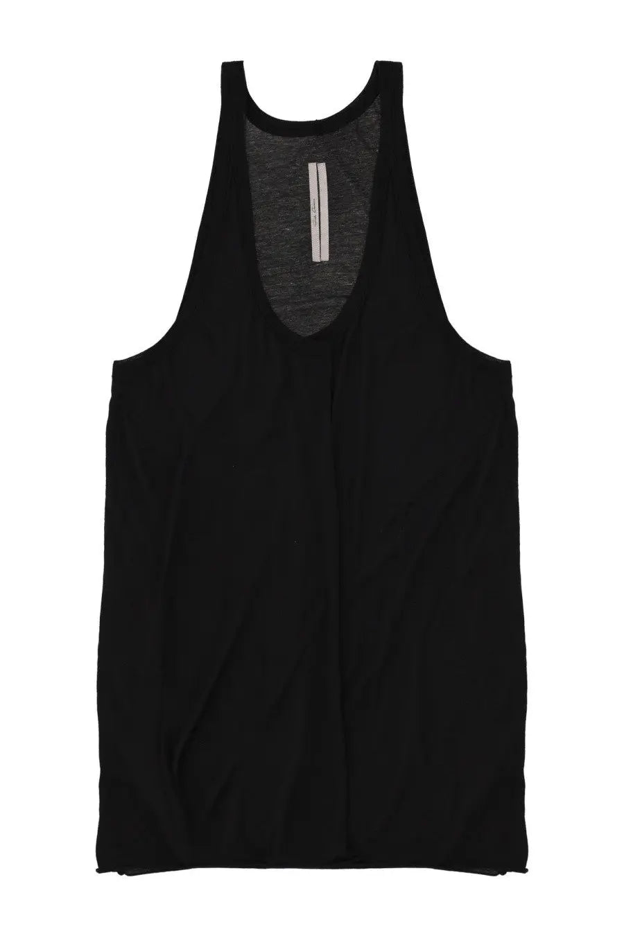 Rick Owens men’s black sleeveless tank top with sheer mesh back and minimalist white label at neckline