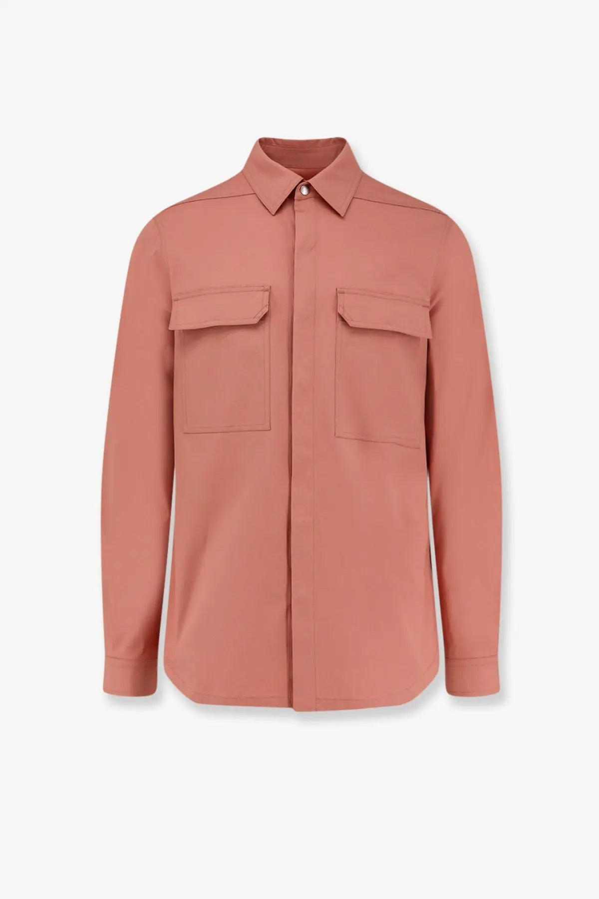 Rick Owens men’s organic cotton shirt in soft terracotta with long sleeves, flap pockets, and classic collar