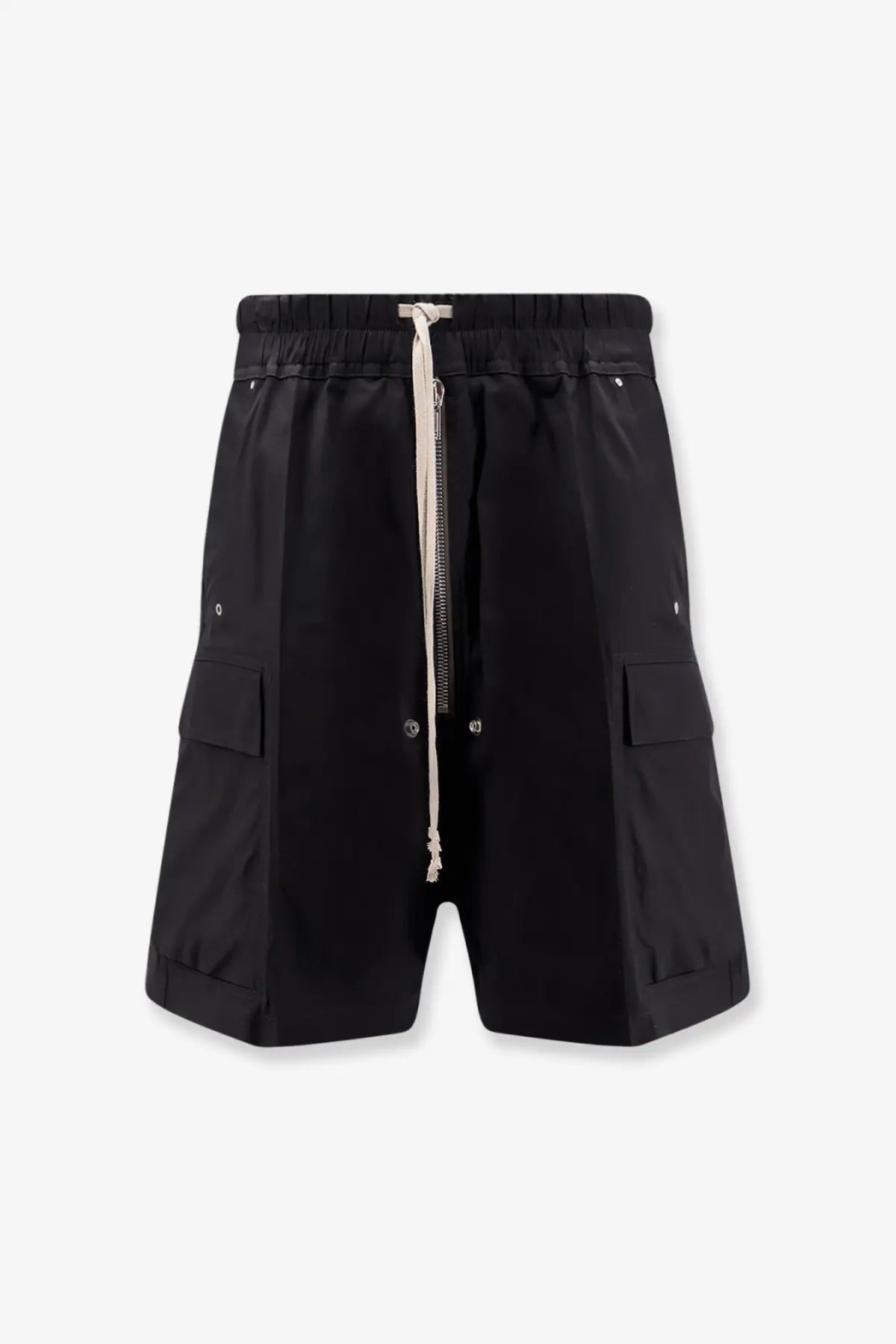 Rick Owens men’s organic cotton black cargo shorts with drawstring waistband and large flap pockets with silver buttons