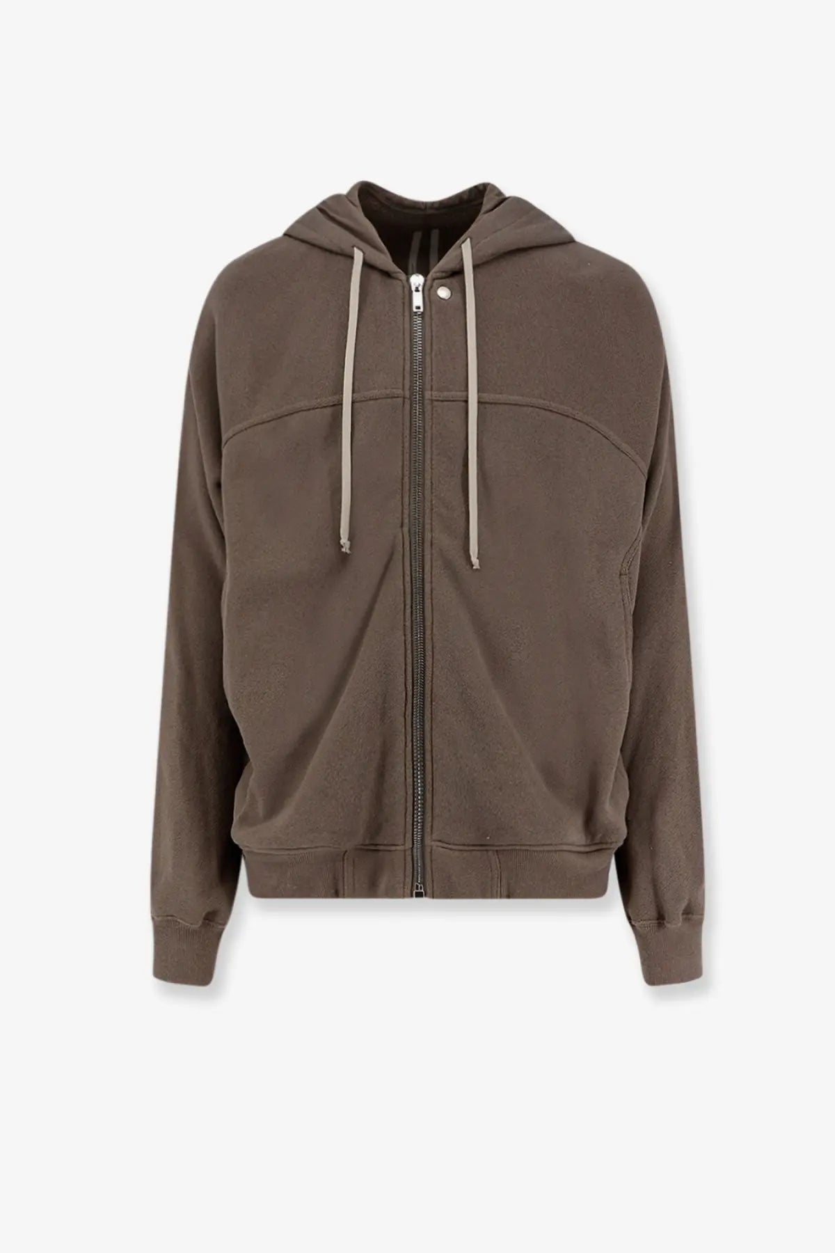 Rick Owens men’s organic cotton sweatshirt in muted olive green with light gray drawstrings and minimalist zip-up design