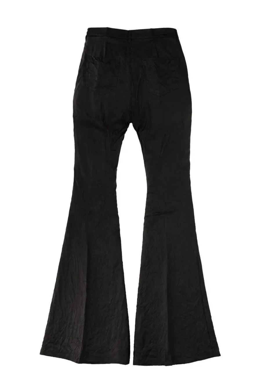 Rick Owens men’s black flared trousers with high waist and smooth textured fabric in Megastrapped Bolans style