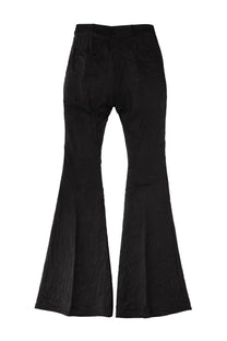 Rick Owens men’s black flared trousers with high waist and smooth textured fabric in Megastrapped Bolans style
