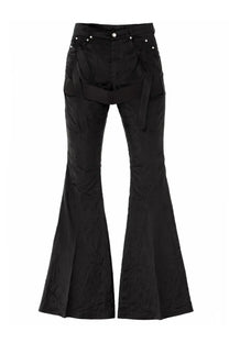 Rick Owens men’s black flared trousers with textured fabric and distinctive front straps