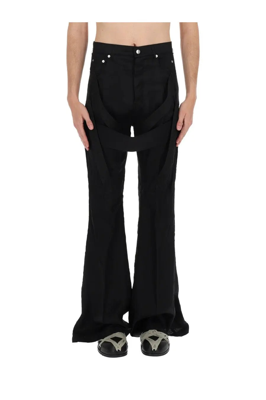 Rick Owens men’s black high-waisted flared trousers with asymmetrical design and silver rivets at the waistband