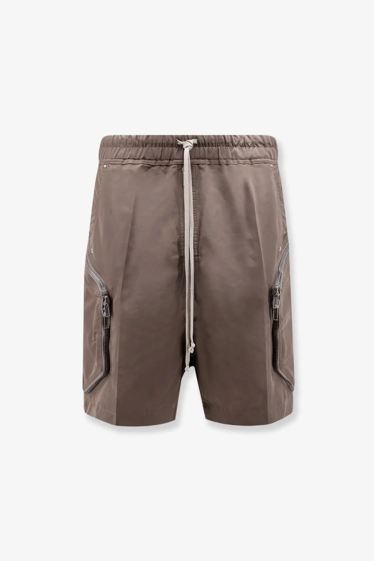 Brown cargo shorts with zippered side pockets and a drawstring waistband in recycled nylon by rick owens