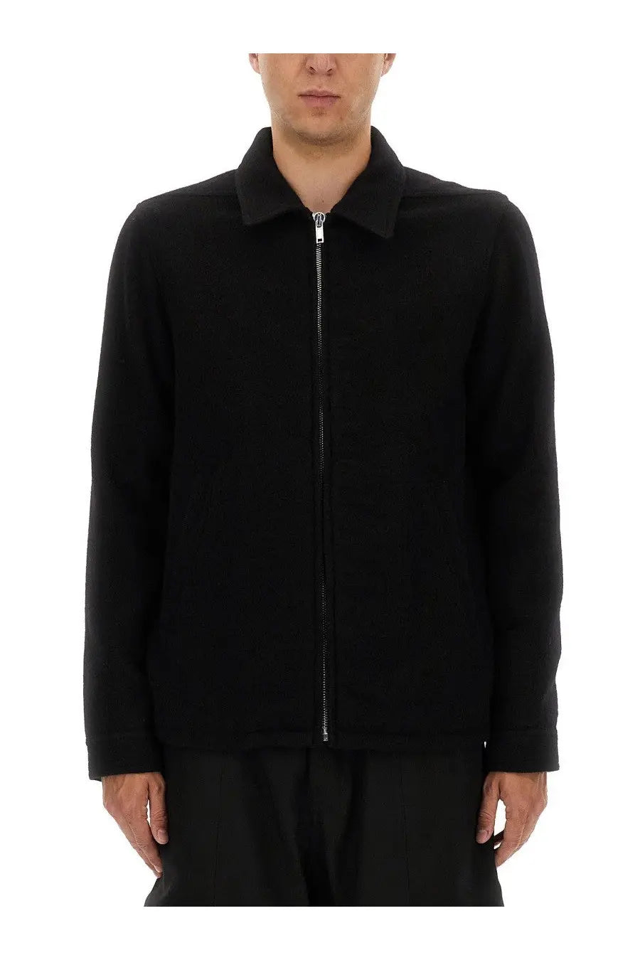 Rick Owens men’s shirt jacket black zip-up with collar and long sleeves in a sleek design