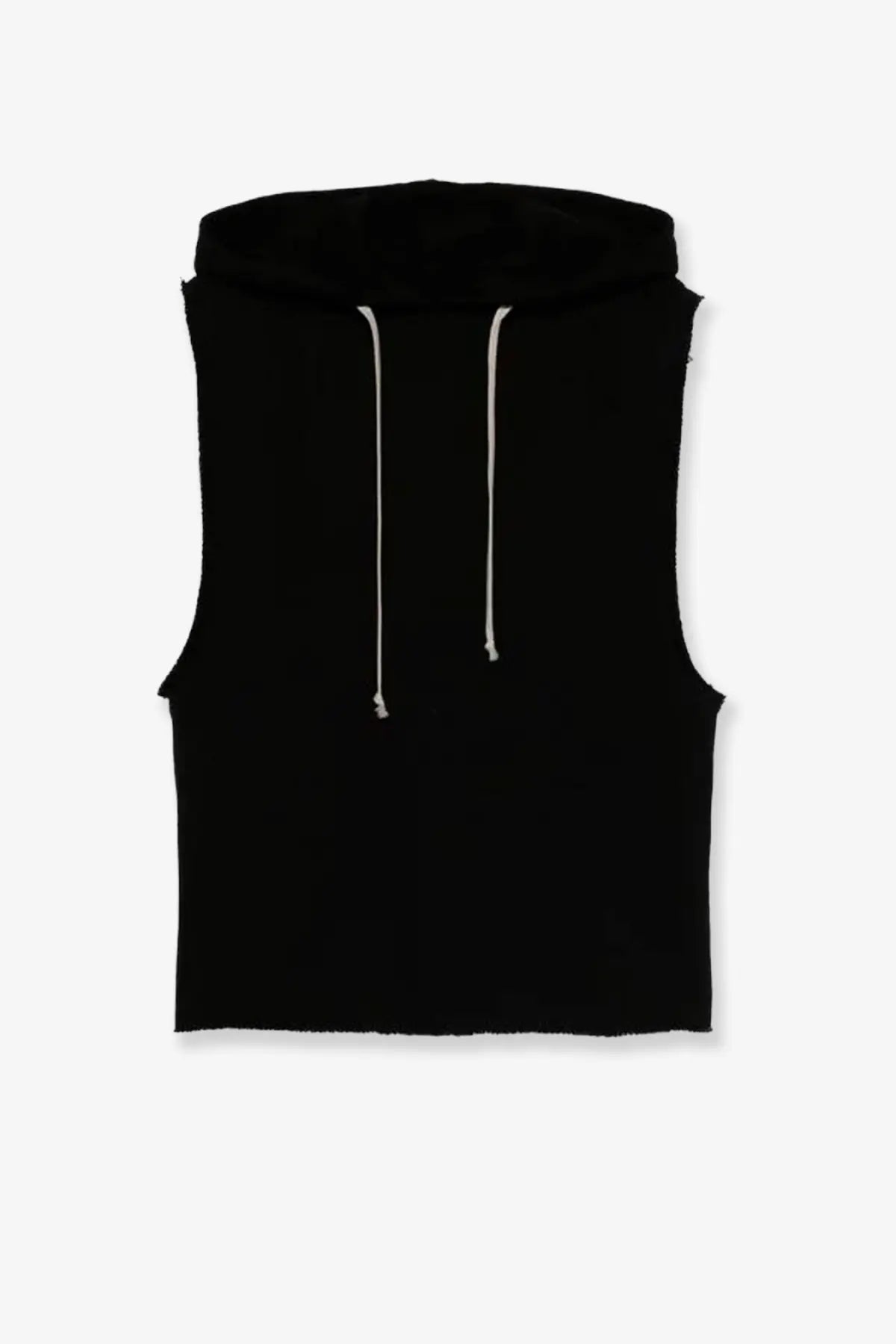 Rick Owens men’s black sleeveless organic cotton hoodie with white drawstrings and cropped frayed hem