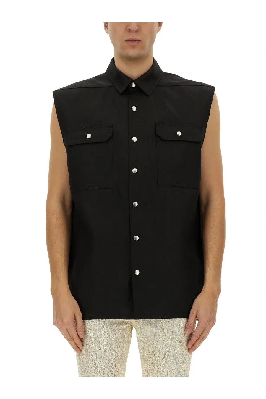 Rick Owens men’s sleeveless outrshirt in jumbo black with silver buttons and two chest pockets