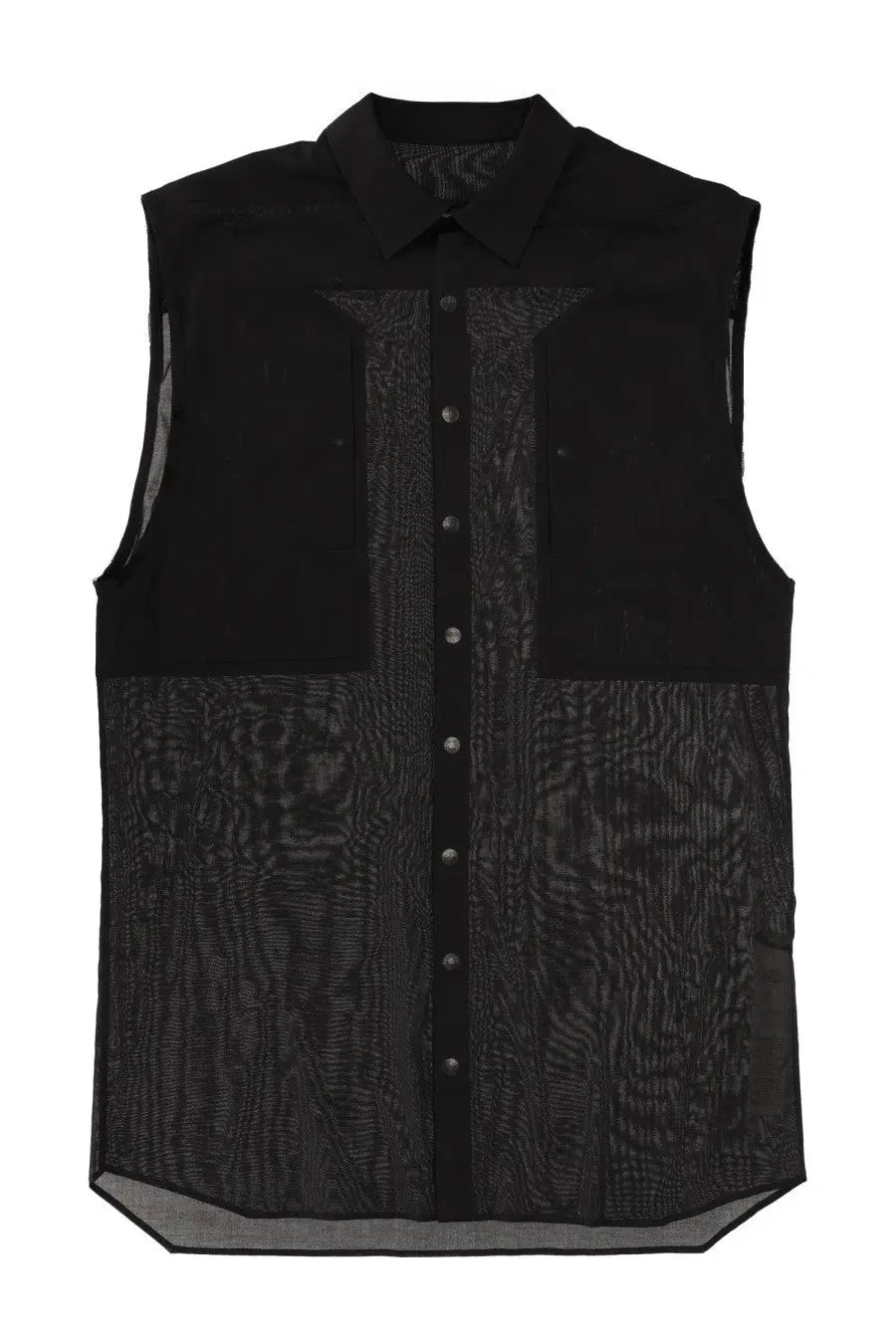 Rick Owens men’s sleeveless shirt jumbo black with textured semi-transparent front panel and solid black shoulders and sides