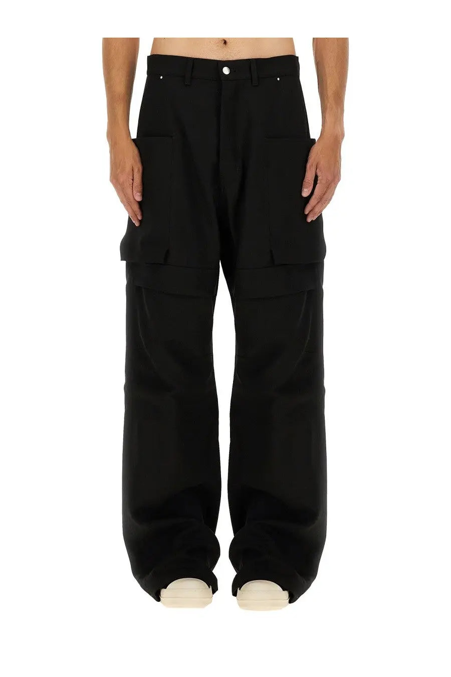 Rick Owens men’s Stefan black wide-leg cargo pants with multiple flap pockets and button closure