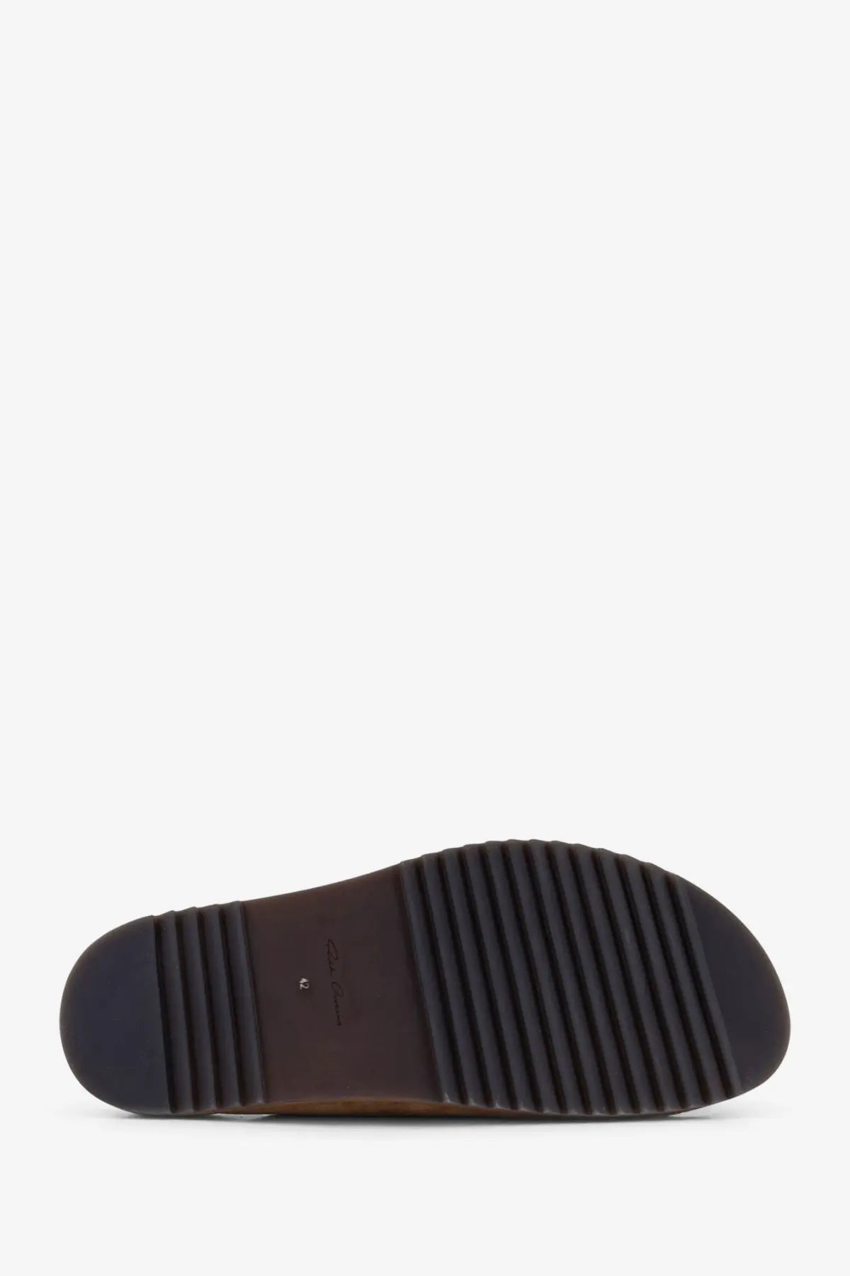 Dark brown rubber sole with textured ribbed pattern and clarks branding on rick owens men’s suede sandals brown back side