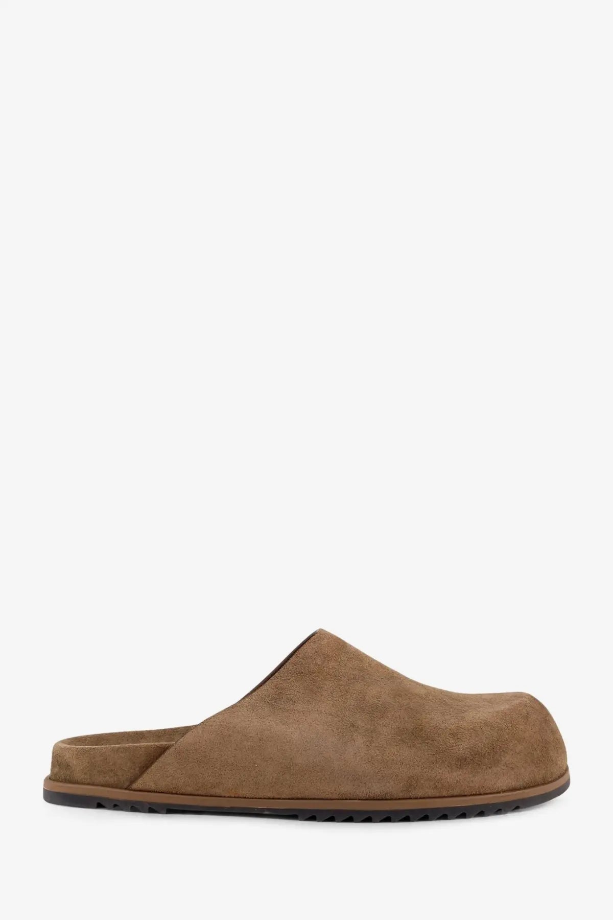 Rick Owens men’s brown suede slip-on mule sandal with a soft cushioned sole and minimalist design