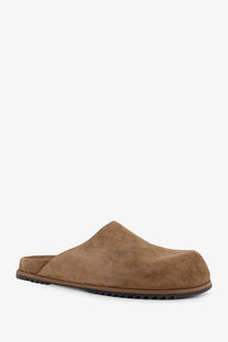 Rick Owens men’s brown suede slip-on mule sandal with a textured grippy rubber sole