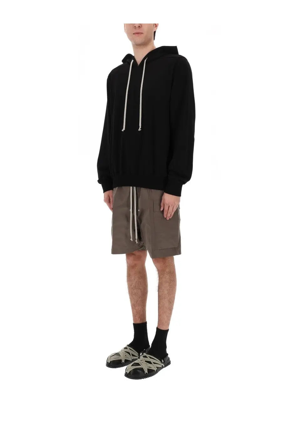 Rick Owens men’s black hooded sweatshirt with contrasting light gray drawstrings for casual wear