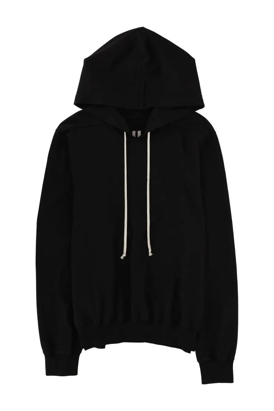 Rick Owens men’s black hooded sweatshirt with white drawstrings and a minimalist logo at the neckline