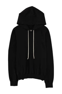 Rick Owens men’s black hooded sweatshirt with white drawstrings and a minimalist logo at the neckline