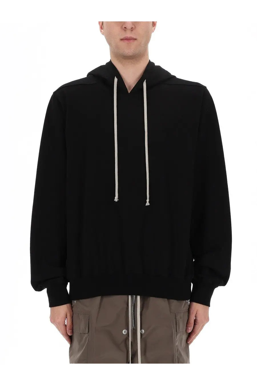 Rick Owens men’s black hooded sweatshirt with contrasting white drawstrings in soft comfortable fabric