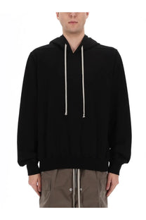 Rick Owens men’s black hooded sweatshirt with contrasting white drawstrings in soft comfortable fabric